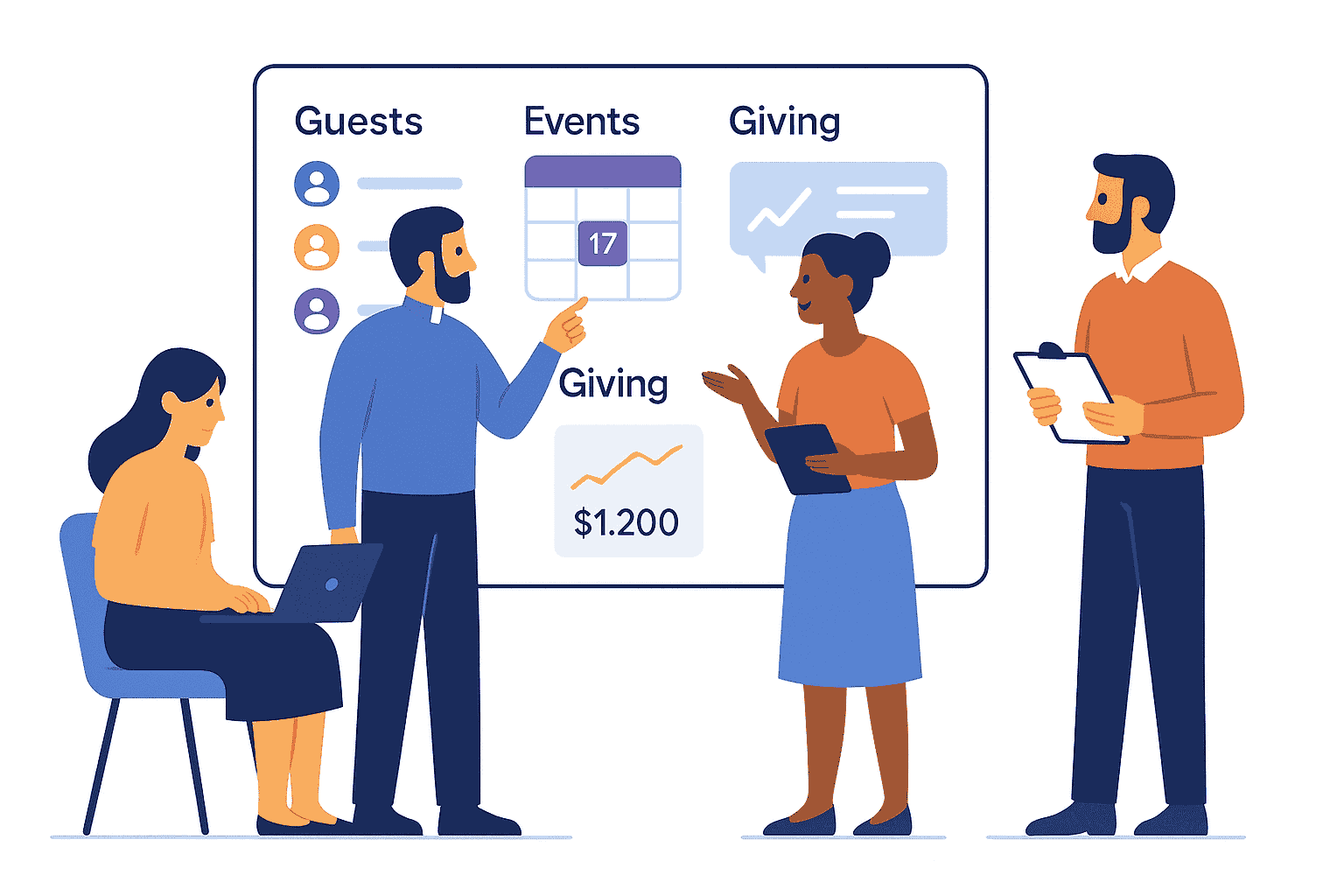 An illustration of the AltarBaseOS dashboard showing people management and event scheduling features.
